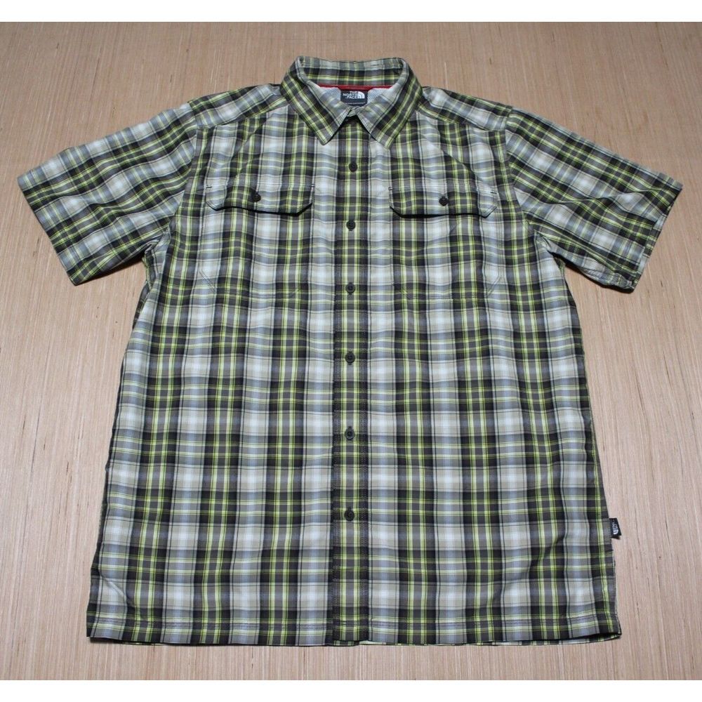 The North Face Button Up Hiking Shirt Mens Size M Nylon Blend Plaid Gray‎ Green